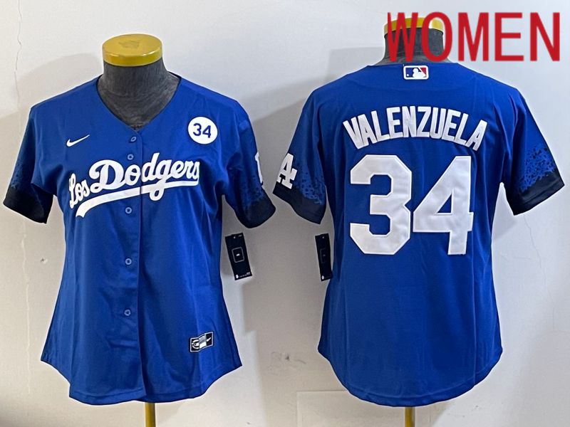 Women Los Angeles Dodgers 34 Valenzuela 2024 blue jersey 2024112008